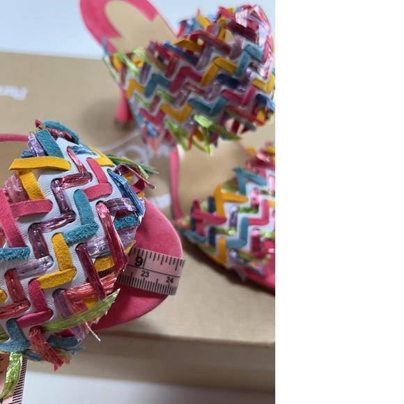 Meroine Pink Rainbow Woven 85mm raffia fringe heels mules D977 - Picture 10 of 11